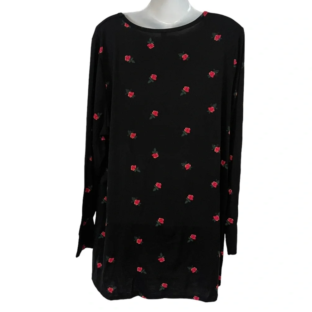 LULAROE Lynnae Top Long Sleevd Black Pink Rose Print size 3XL - Picture 3 of 7